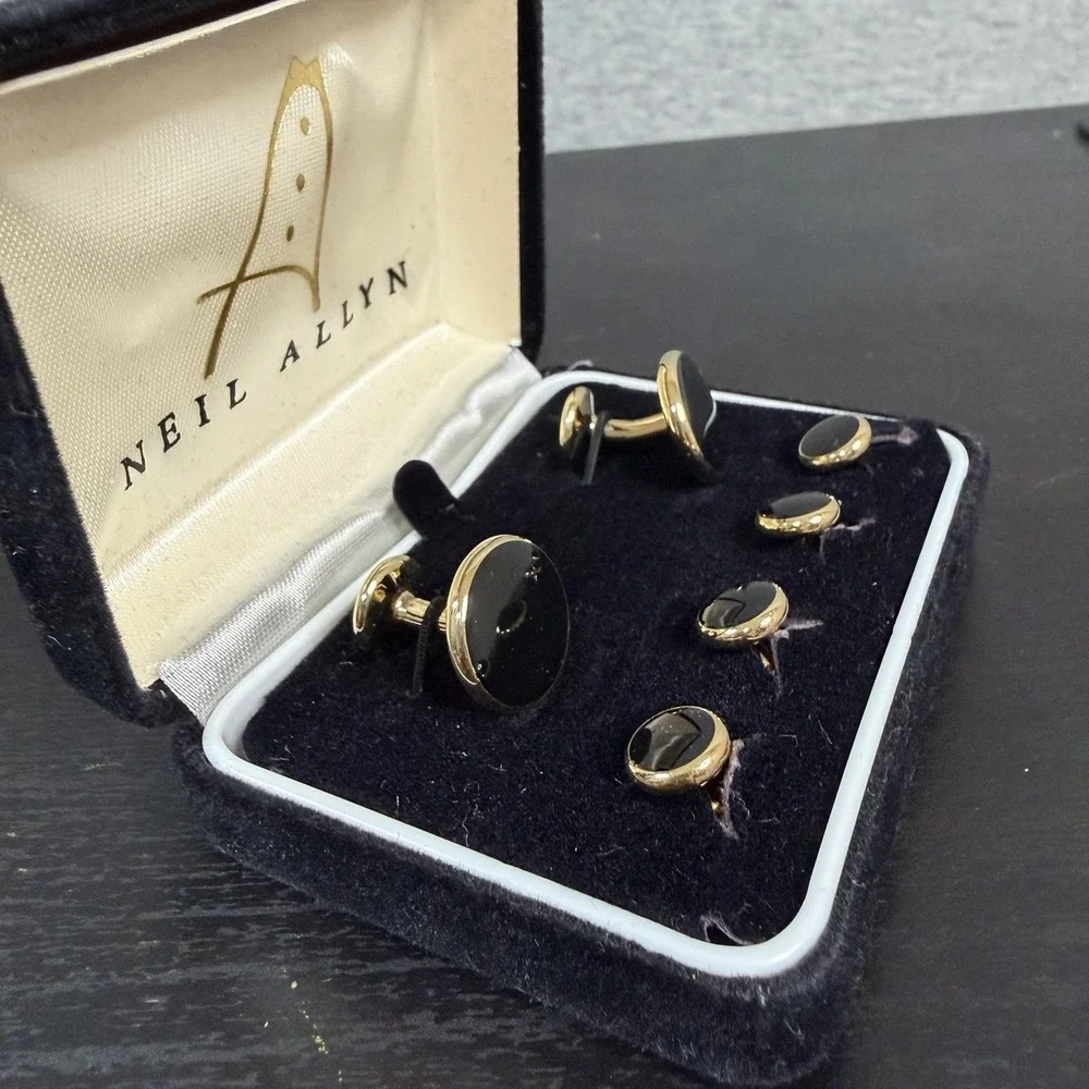Neil Allyn Vintage Black and Gold-Tone Tuxedo Cufflinks and Shirt Studs Set